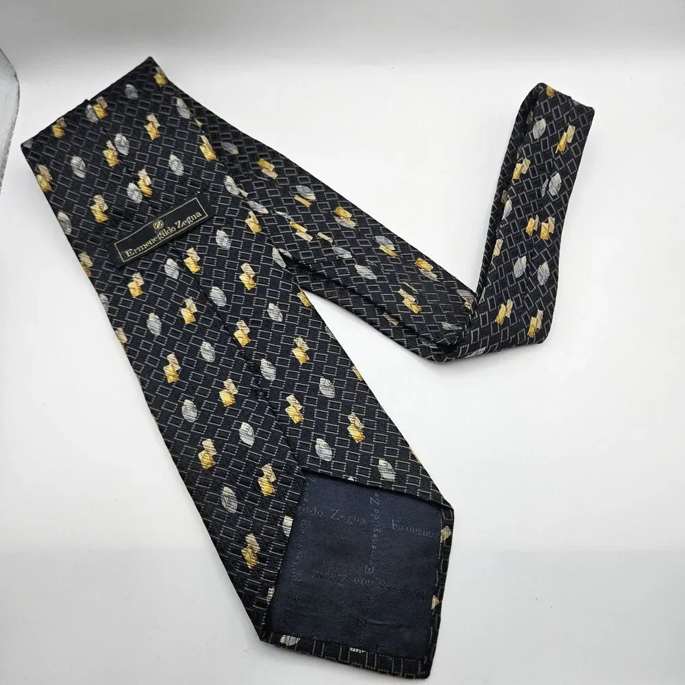 Ermenegildo Zegna Black Gold Rectangle Oval Geometric Tie Career Wedding 59.5x4